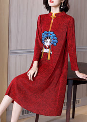 Red Stand Collar Print Patchwork Wrinkled Button Maxi Dress Long Sleeve