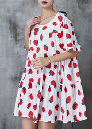 Red Strawberry Print Cotton Tea Dress Oversized Summer