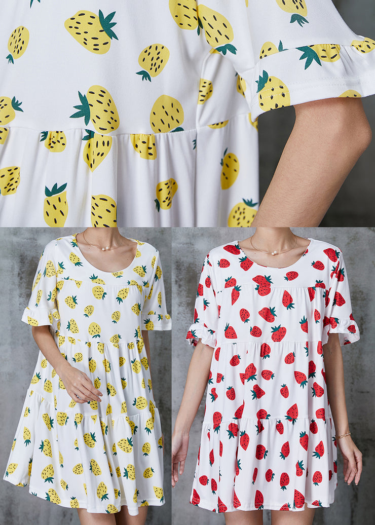 Red Strawberry Print Cotton Tea Dress Oversized Summer