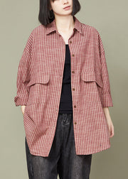 Red Striped Pockets Cotton Shirt Peter Pan Collar Long Sleeve