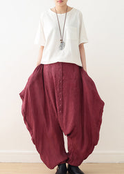 Red Tie Dye Cotton Harem Pants Asymmetrical Button Fall