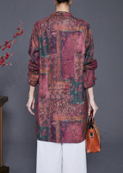 Red Tie Dye Linen Long Shirts Chinese Button Fall