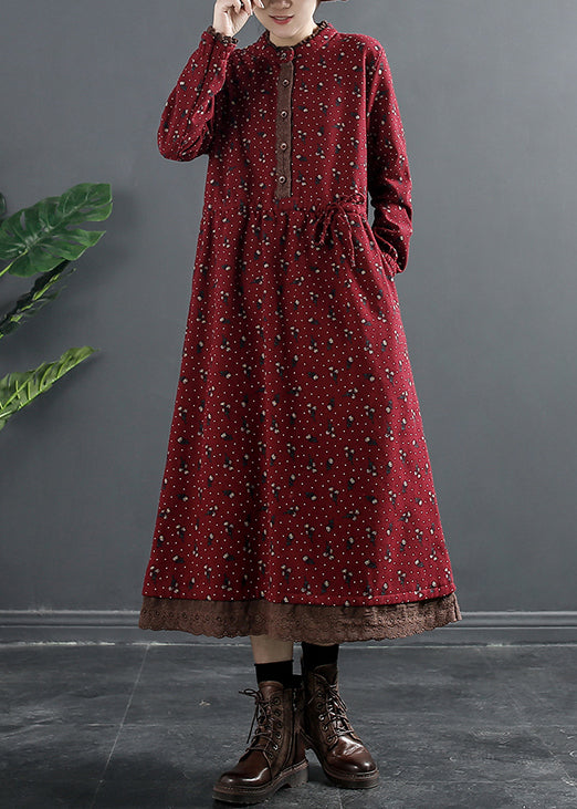 Red Tie Waist Lace Patchwork Fleece Dress O Neck Winter