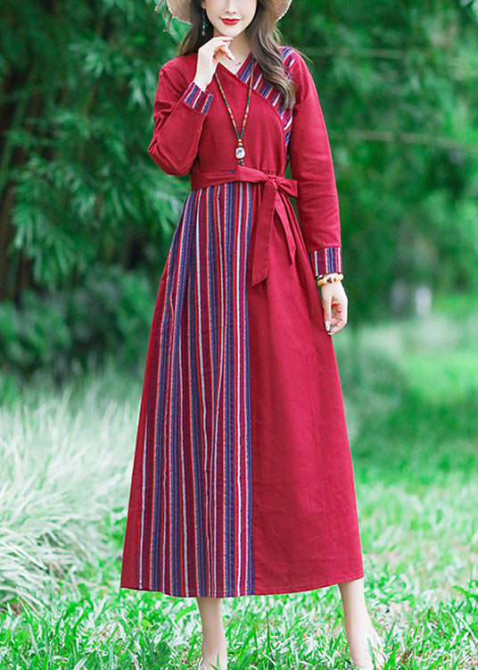 Red Tie Waist Tunic Linen Maxi Dress Long Sleeve