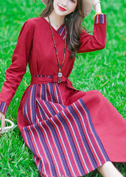 Red Tie Waist Tunic Linen Maxi Dress Long Sleeve