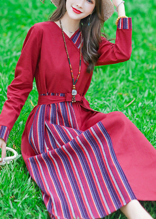 Red Tie Waist Tunic Linen Maxi Dress Long Sleeve