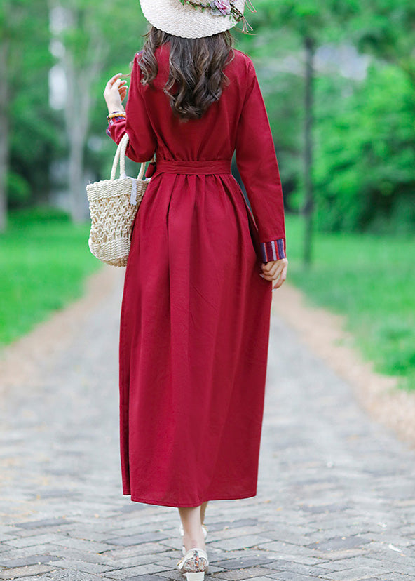 Red Tie Waist Tunic Linen Maxi Dress Long Sleeve