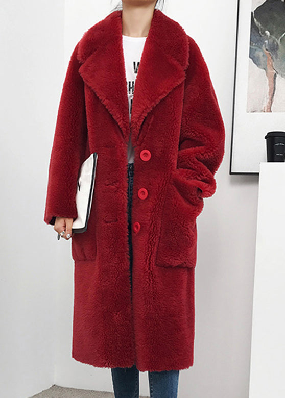 Red V Neck Button Wool Coat Winter