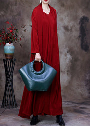 Red V Neck Fake Two Pieces Silk Long Dresses Long Sleeve