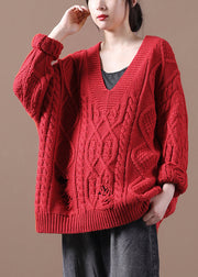 Red V Neck Oversized Cotton Knit Sweaters Fall