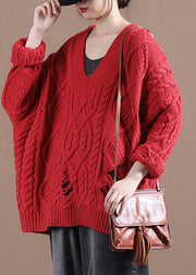 Red V Neck Oversized Cotton Knit Sweaters Fall