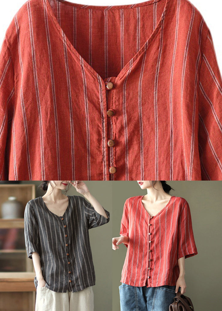 Red V Neck Striped Button Linen Shirts Half Sleeve