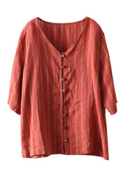 Red V Neck Striped Button Linen Shirts Half Sleeve