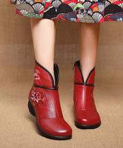 Red Warm Fleece Boots Chunky Cowhide Leather Vintage Embroidery