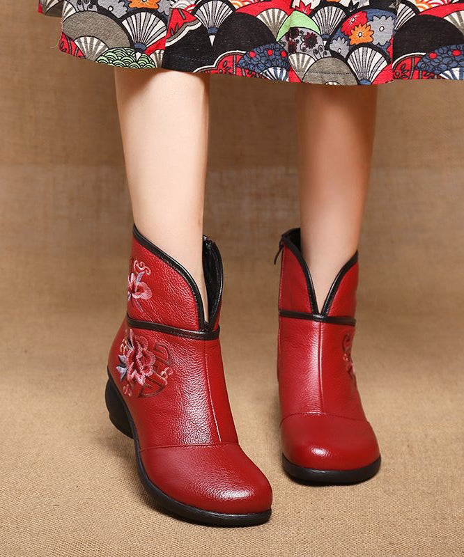 Red Warm Fleece Boots Chunky Cowhide Leather Vintage Embroidery