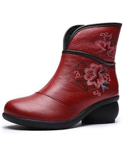 Red Warm Fleece Boots Chunky Cowhide Leather Vintage Embroidery