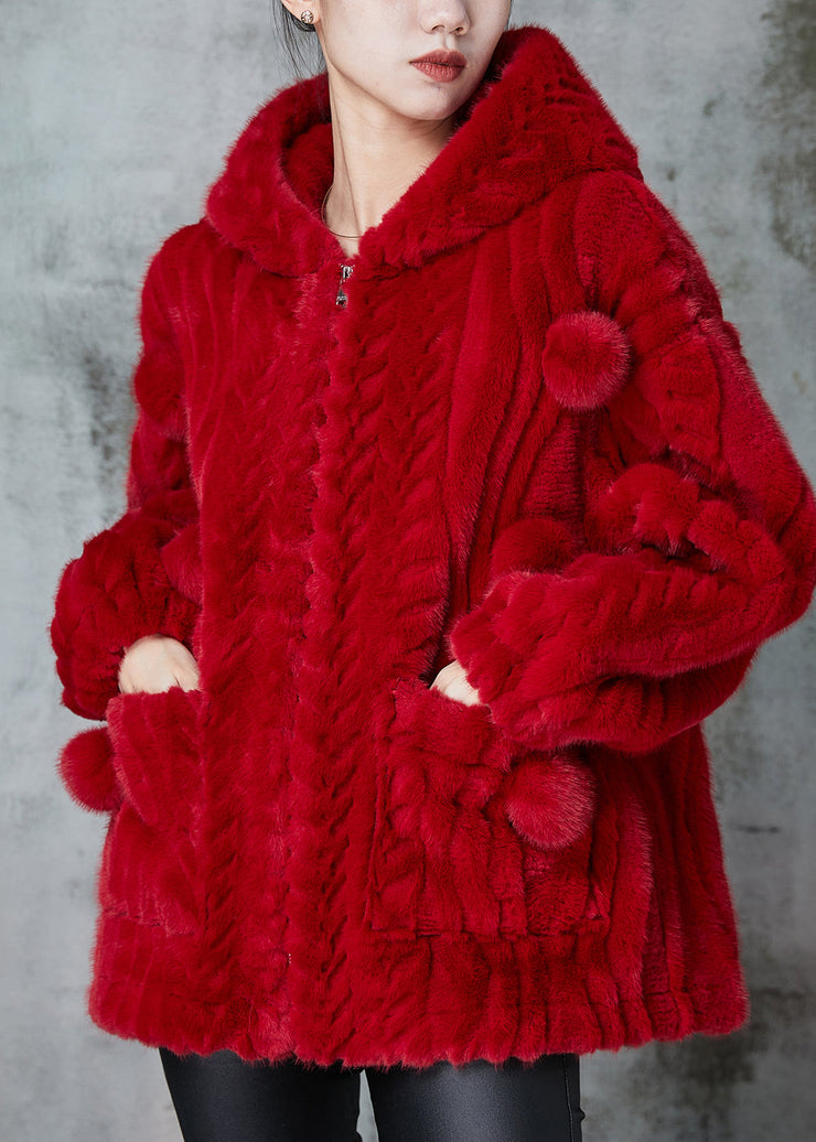 Red Warm Fuzzy Fur Fluffy Coats Fuzzy Ball Decorated Spring