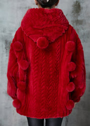 Red Warm Fuzzy Fur Fluffy Coats Fuzzy Ball Decorated Spring