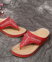 Red Wedge Faux Leather Soft Splicing Zircon Flip Flops Sandals