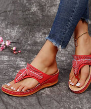 Red Wedge Faux Leather Soft Splicing Zircon Flip Flops Sandals