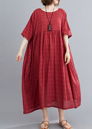 Red Wrinkled Cozy Long Dress Short Sleeve