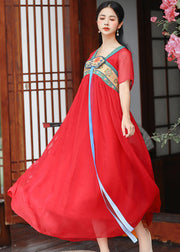 Red Wrinkled Patchwork Chiffon Long Dress Embroideried Short Sleeve