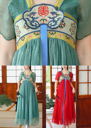 Red Wrinkled Patchwork Chiffon Long Dress Embroideried Short Sleeve