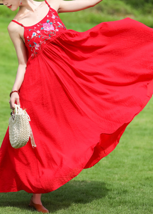 Red Wrinkled Patchwork Cotton Spaghetti Strap Dress Embroideried Sleeveless