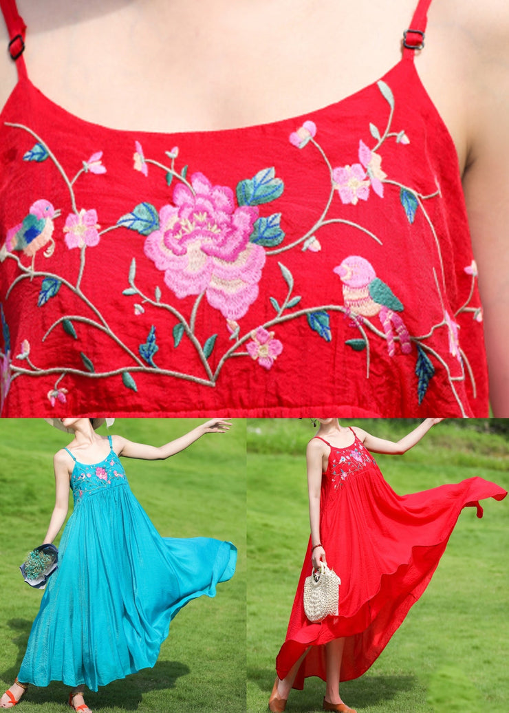 Red Wrinkled Patchwork Cotton Spaghetti Strap Dress Embroideried Sleeveless