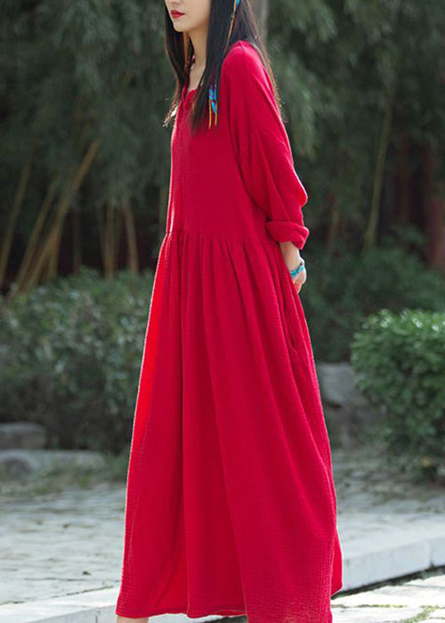 Red Wrinkled Patchwork Linen Dress V Neck Long Sleeve