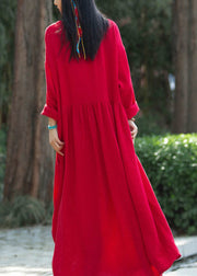 Red Wrinkled Patchwork Linen Dress V Neck Long Sleeve