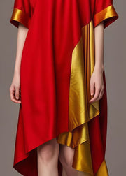 Red Yellow Patchwork Cotton Long Dresses Asymmetrical Summer