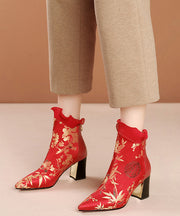 Red Zippered Cowhide Leather Embroidered Chunky Boots