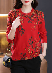 Red Zircon Print Wool Knit Sweaters O Neck Long Sleeve