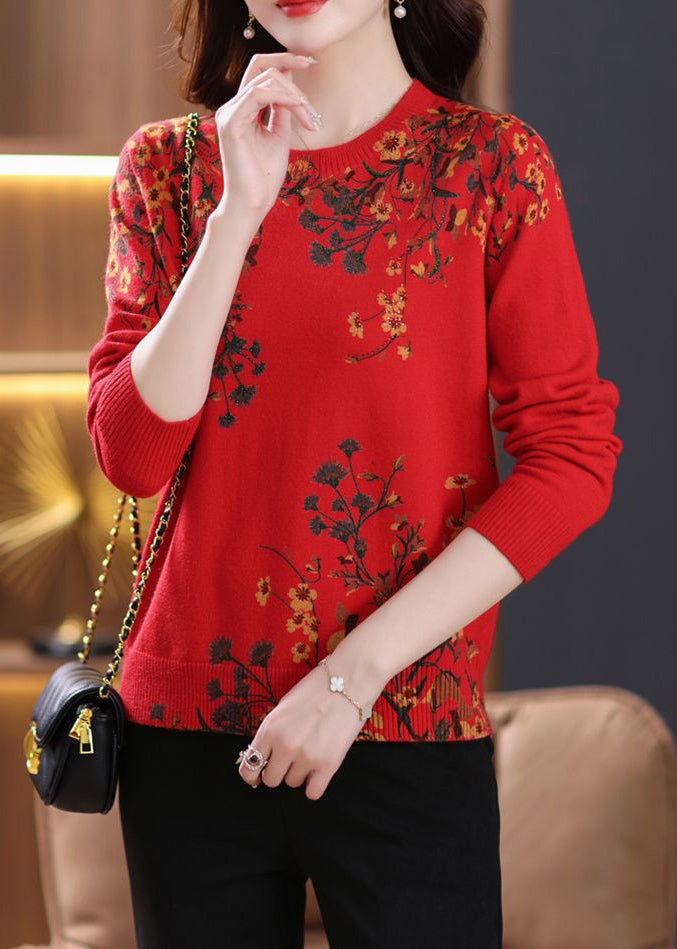 Red Zircon Print Wool Knit Sweaters O Neck Long Sleeve