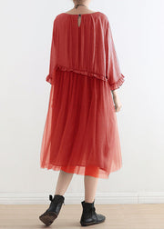 Elegant Red Tulle Patchwork Midi Summer Dress 2023 New