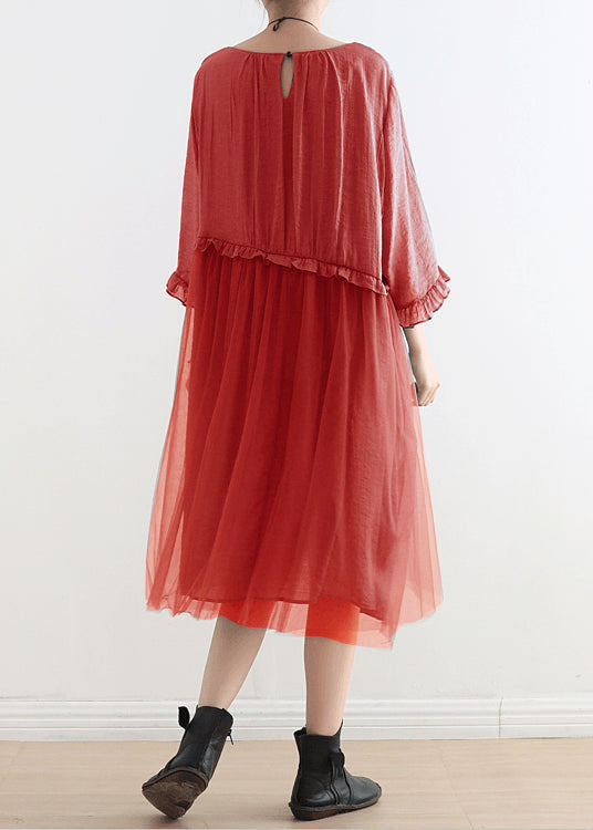 Elegant Red Tulle Patchwork Midi Summer Dress 2023 New