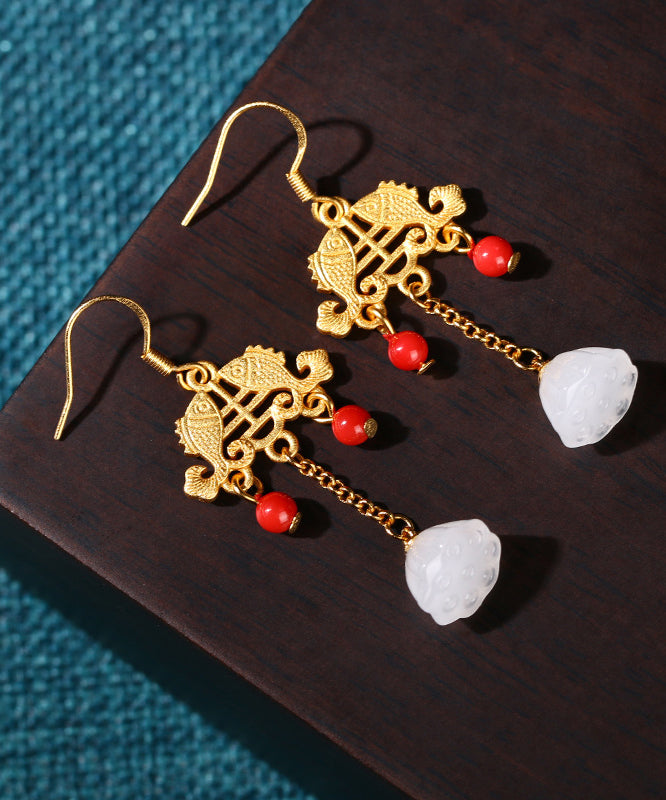 Regular Ancient Gold Inlaid Jade Gem Stone Lotus Flower Tassel Drop Earrings