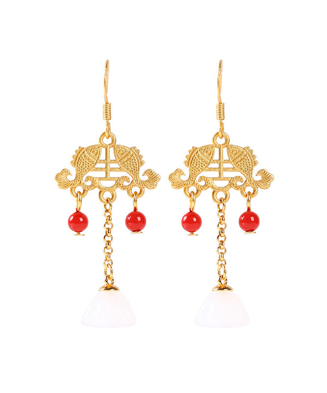 Regular Ancient Gold Inlaid Jade Gem Stone Lotus Flower Tassel Drop Earrings