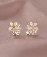 Regular Beige Sterling Silver Overgild Cat's Eye Stone Zircon Floral Stud Earrings