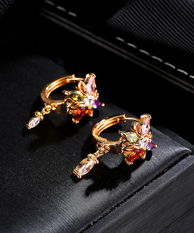 Regular Gold Alloy Crystal Zircon Floral Tassel Drop Earrings