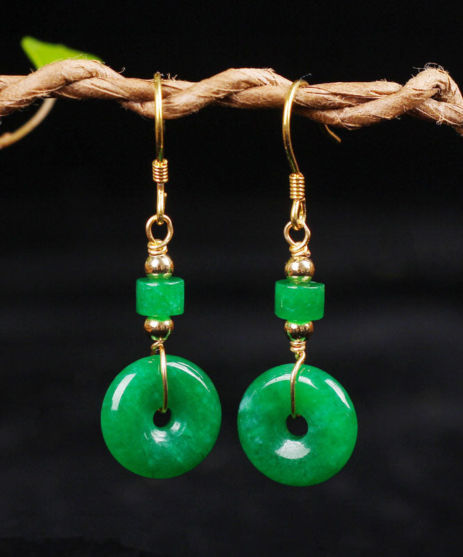 Regular Green Silver Overgild Jade Safety Buckle Drop Earrings