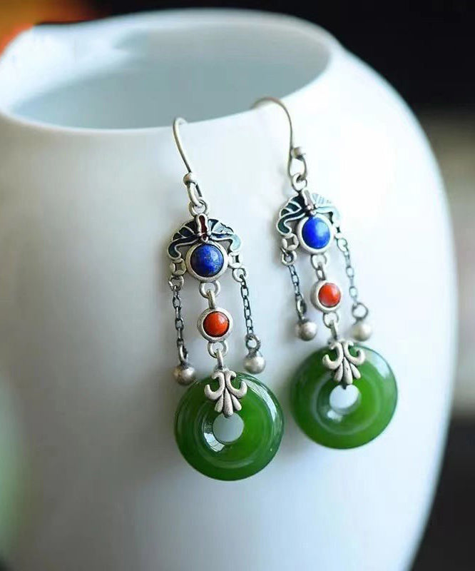 Regular Green Sterling Silver Agate Jade Cloisnne Xiangyun Tassel Drop Earrings