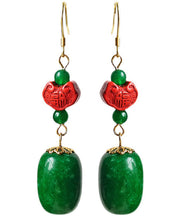 Regular Green Sterling Silver Jade Cinnabar Drop Earrings