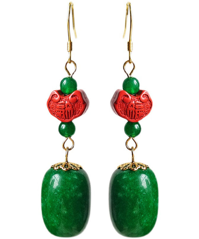 Regular Green Sterling Silver Jade Cinnabar Drop Earrings