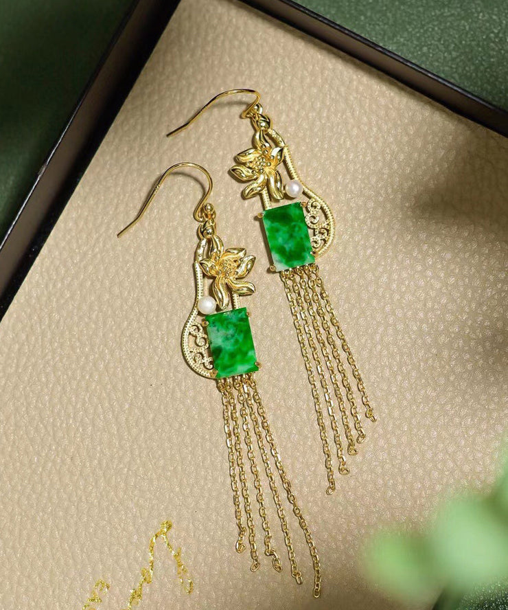 Regular Green Sterling Silver Overgild Inlaid Jade Tassel Drop Earrings