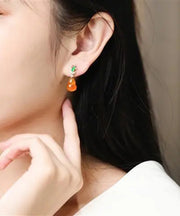 Regular Orange Sterling Silver Overgild Zircon Jade Gourd Drop Earrings