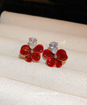 Regular Red Copper Zircon Drip Oil Floral Stud Earrings