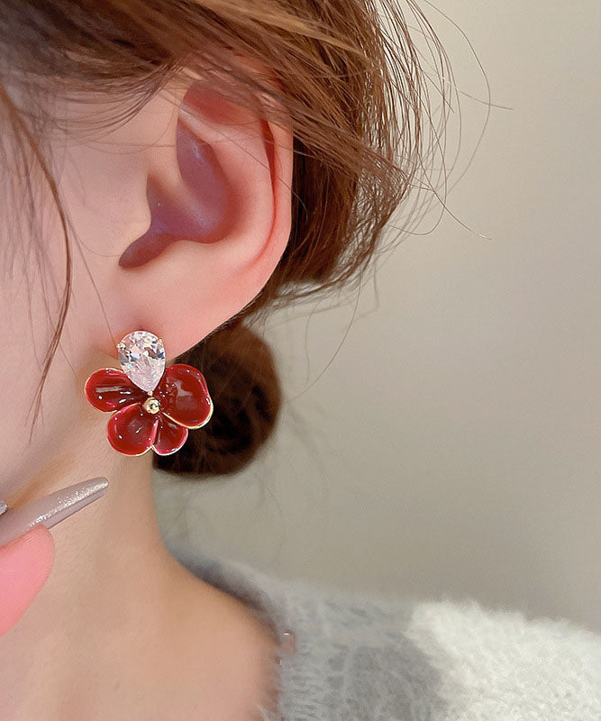 Regular Red Copper Zircon Drip Oil Floral Stud Earrings