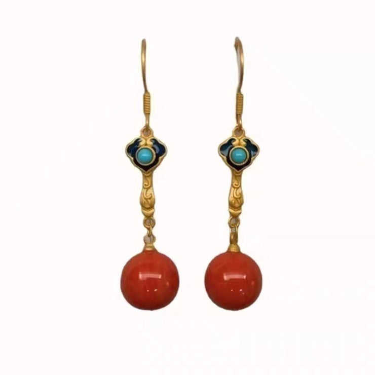 Regular Red Gem Stone Turquoise Gem Stone Drop Earrings